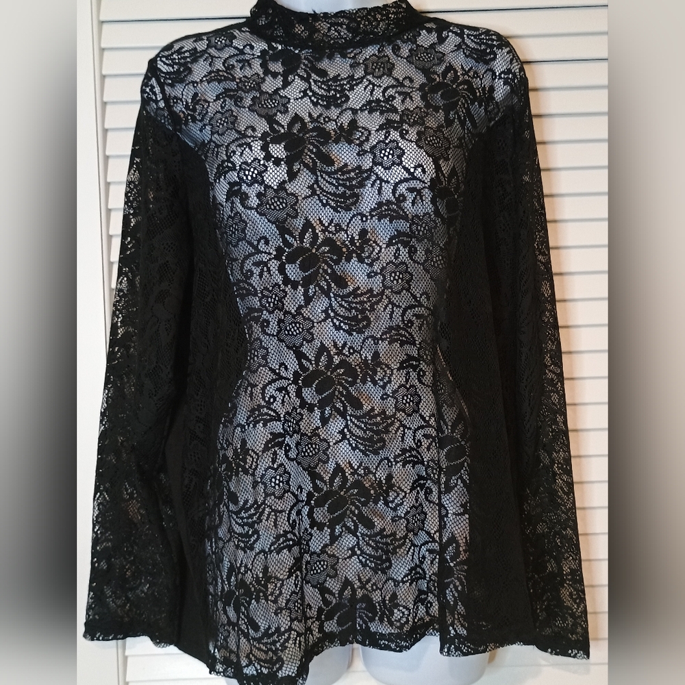 George Elegant Black Lace long Sleeve Women's Top with small collar Size 14 - Picture 1 of 8